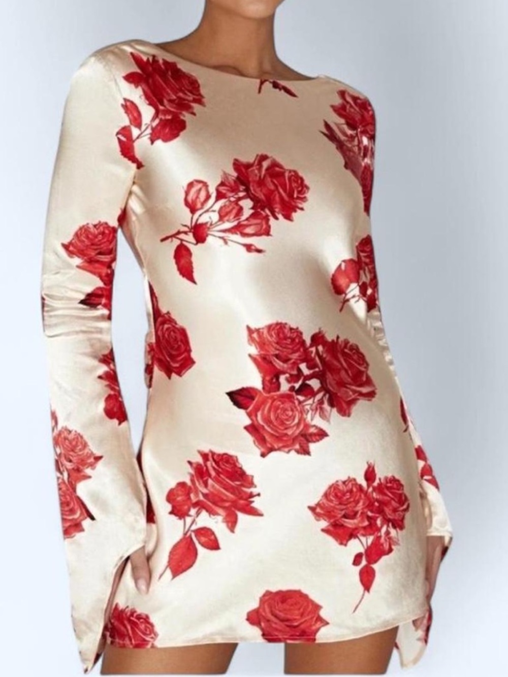 NWT Meshki Red Rose Print Cream Backless Mini Dress
